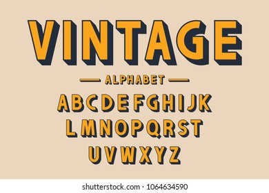 Retro bold font and alphabet. Strong letters with long shadows in vintage style. Retro typography, poster design elements. Vector