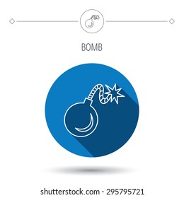 Retro bomb icon. Boom explode sign. Blue flat circle button. Linear icon with shadow. Vector