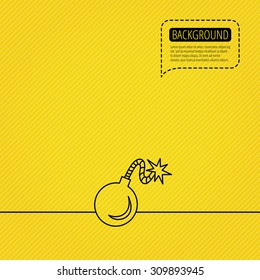 Retro bomb icon. Boom explode sign. Speech bubble of dotted line. Orange background. Vector