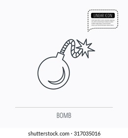 Retro bomb icon. Boom explode sign. Linear outline icon. Speech bubble of dotted line. Vector
