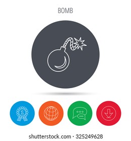 Retro bomb icon. Boom explode sign. Globe, download and speech bubble buttons. Winner award symbol. Vector