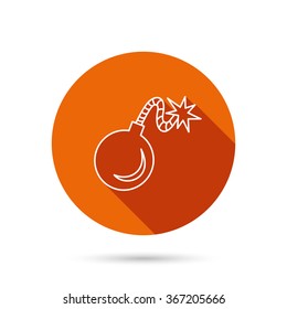 Retro bomb icon. Boom explode sign. Round orange web button with shadow.