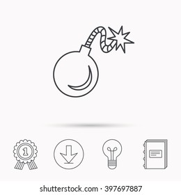 Retro bomb icon. Boom explode sign. Download arrow, lamp, learn book and award medal icons.