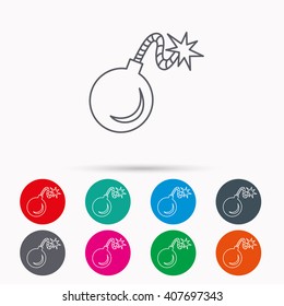 Retro bomb icon. Boom explode sign. Linear icons in circles on white background.