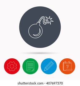 Retro bomb icon. Boom explode sign. Calendar, cogwheel, document file and pencil icons.