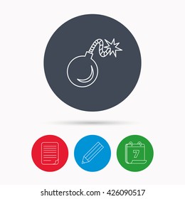 Retro bomb icon. Boom explode sign. Calendar, pencil or edit and document file signs. Vector