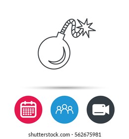 Retro bomb icon. Boom explode sign. Group of people, video cam and calendar icons. Vector