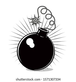 Retro bomb on isolated background. Black and white cartoon vector illustration. Vintage icon.