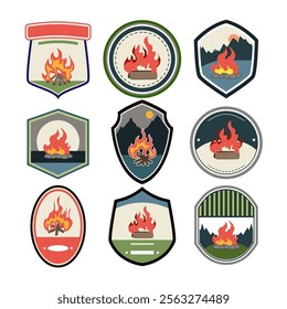 retro bonfire badge set cartoon. nostalgia outdoors, scout adventure, classic embroidery retro bonfire badge sign. isolated symbol vector illustration