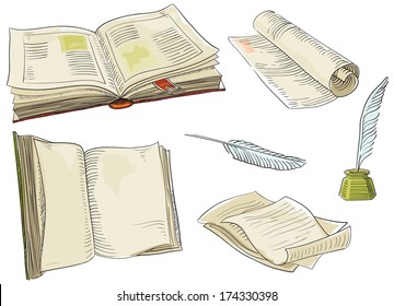 Retro books. Vector set of old  books and antique objects at color engraving style.  
