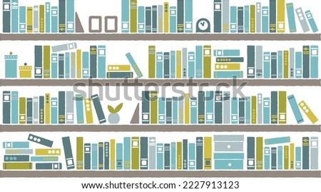 Retro bookshelf, chair and books, cute blue color scheme