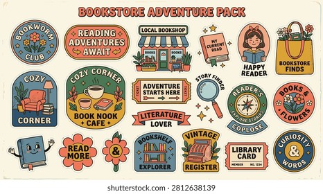 Retro Bookstore Adventure Pack Sticker Set with Vintage Illustrations of Books, Cozy Reading Nooks, Library Cards, and Bookshop Themes in Earthy Muted Colors and Mid-Century Modern Style.