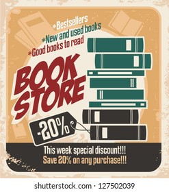 Retro bookstore poster design. Vintage ad template with books. Vector illustration on old paper texture.