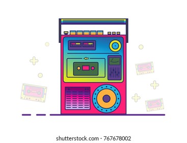 Retro boombox in 80's-90's trendy style. Colorful illustration on white background.