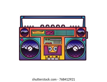 Retro boombox in 80's-90's trendy style. Colorful illustration on white background.