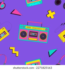 Retro boombox, audio player, cassette, headphones, geometric shapes, music seamless patterm. Nostalgia for 1990s vector illustration. Old-fashioned devices in modern style. 