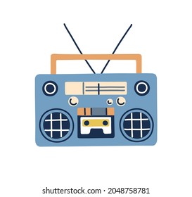 Retro boombox, audio tape recorder in 80s and 90s style. Stereo music player with radio and loudspeakers. Ghetto blaster for cassette playing. Flat vector illustration isolated on white background