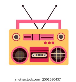 Retro boombox, audio tape recorder in 80s and 90s style. Stereo music player with radio and loudspeakers. Ghetto blaster for cassette playing. Flat vector illustration isolated on white background