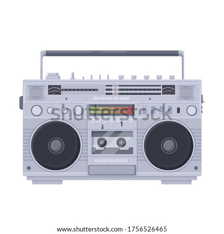 Retro boombox cassette. Old portable single cassette recorder sharpe with color vector equalizer built radio two speakers knob tuning bass sound recording playing music symbol of old school 80s.