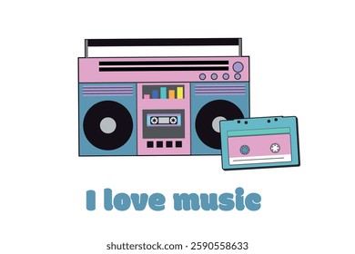 Retro boombox and cassette tape illustration with pastel colors and text I love music on white background. Colored vintage covers in 90s disco style. Disco event and nostalgic music.