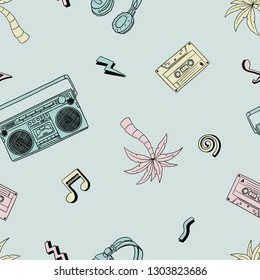 Retro boombox and cassettes seamless vector pattern. hand drawn cartoon outline