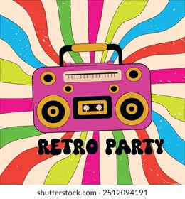 Retro Boombox with colorful sunbursts featuring vintage texture. Vector illustration for posters, banners, retro party invitations, leaflet and brochures