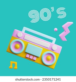 Retro boombox in cute 3d style, symbol of 90s music, square poster, vector illustration on blue background. Vintage music player. Colorful audio cassette player.