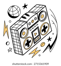 Retro-Boombox und Musikelemente doodlen auf weißem Hintergrund