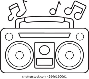 Boombox retrô com notas musicais flutuando ao redor retrata nostalgia e celebra o apelo intemporal da música de uma era passada em um esboço preto e branco