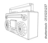 Retro Boombox outdated portable cassette tape recorder. Wireframe low poly mesh vector illustration.