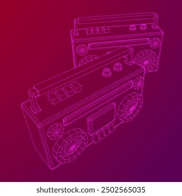 Retro Boombox anticuado grabadora de cinta de casete portátil. Ilustración vectorial de malla de polietileno baja.