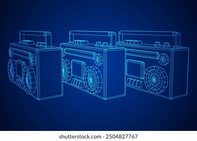 Retro Boombox anticuado grabadora de cinta de casete portátil. Ilustración vectorial de malla de polietileno baja.