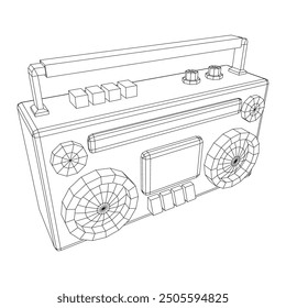 Retro Boombox anticuado grabadora de cinta de casete portátil. Ilustración vectorial de malla de polietileno baja.