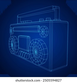 Retro Boombox anticuado grabadora de cinta de casete portátil. Ilustración vectorial de malla de polietileno baja.