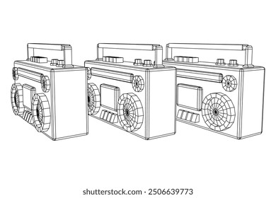 Retro Boombox outdated portable cassette tape recorder. Wireframe low poly mesh vector illustration.