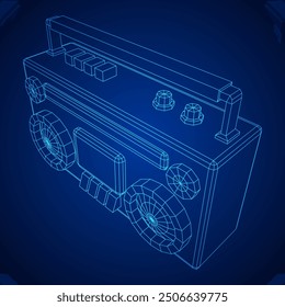 Retro Boombox anticuado grabadora de cinta de casete portátil. Ilustración vectorial de malla de polietileno baja.