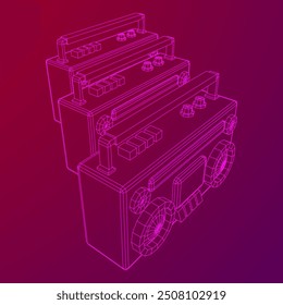 Retro Boombox anticuado grabadora de cinta de casete portátil. Ilustración vectorial de malla de polietileno baja.