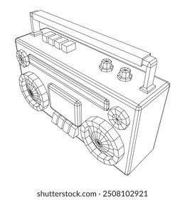 Retro Boombox outdated portable cassette tape recorder. Wireframe low poly mesh vector illustration.