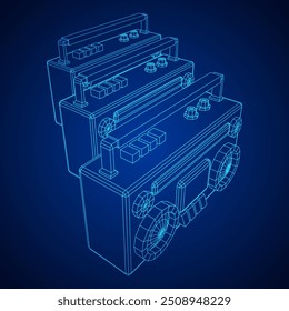 Retro Boombox anticuado grabadora de cinta de casete portátil. Ilustración vectorial de malla de polietileno baja.