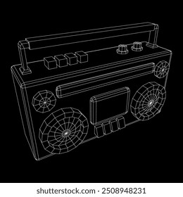 Retro Boombox anticuado grabadora de cinta de casete portátil. Ilustración vectorial de malla de polietileno baja.