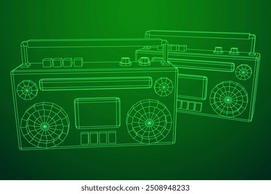 Retro Boombox gravador de fita cassete portátil desatualizado. Ilustração do vetor de malha de baixo poli do modelo de arames.