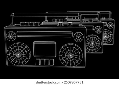 Retro Boombox gravador de fita cassete portátil desatualizado. Ilustração do vetor de malha de baixo poli do modelo de arames.