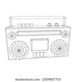 Retro Boombox anticuado grabadora de cinta de casete portátil. Ilustración vectorial de malla de polietileno baja.