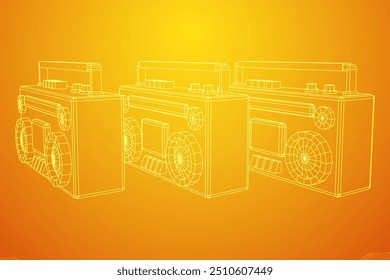 Retro Boombox anticuado grabadora de cinta de casete portátil. Ilustración vectorial de malla de polietileno baja.