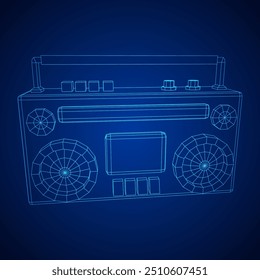 Retro Boombox anticuado grabadora de cinta de casete portátil. Ilustración vectorial de malla de polietileno baja.