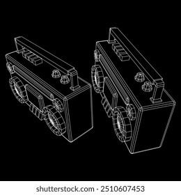 Retro Boombox anticuado grabadora de cinta de casete portátil. Ilustración vectorial de malla de polietileno baja.