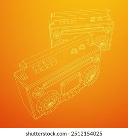 Retro Boombox anticuado grabadora de cinta de casete portátil. Ilustración vectorial de malla de polietileno baja.