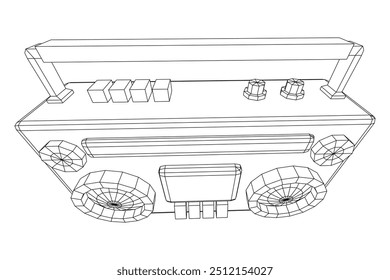 Retro Boombox anticuado grabadora de cinta de casete portátil. Ilustración vectorial de malla de polietileno baja.