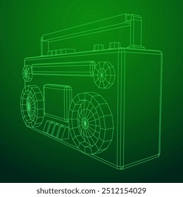 Retro Boombox anticuado grabadora de cinta de casete portátil. Ilustración vectorial de malla de polietileno baja.