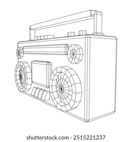 Retro Boombox gravador de fita cassete portátil desatualizado. Ilustração do vetor de malha de baixo poli do modelo de arames.